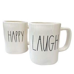 Rae Dunn HAPPY and LAUGH White Ceramic Coffee Mug Set